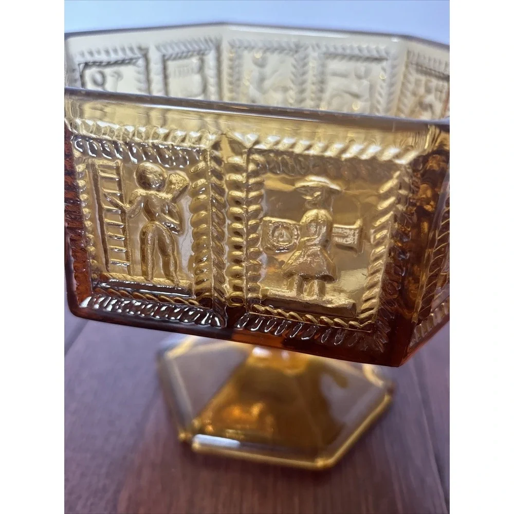 Vintage Imperial Glass Springerle Amber Pedestal Compote Candy Dish With Sticker